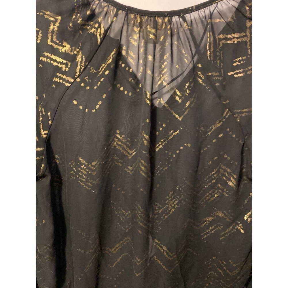 Olive & Oak Button Up Blouse Sheer Long Sleeves XS Black Brown Metallic Pattern - Picture 7 of 7